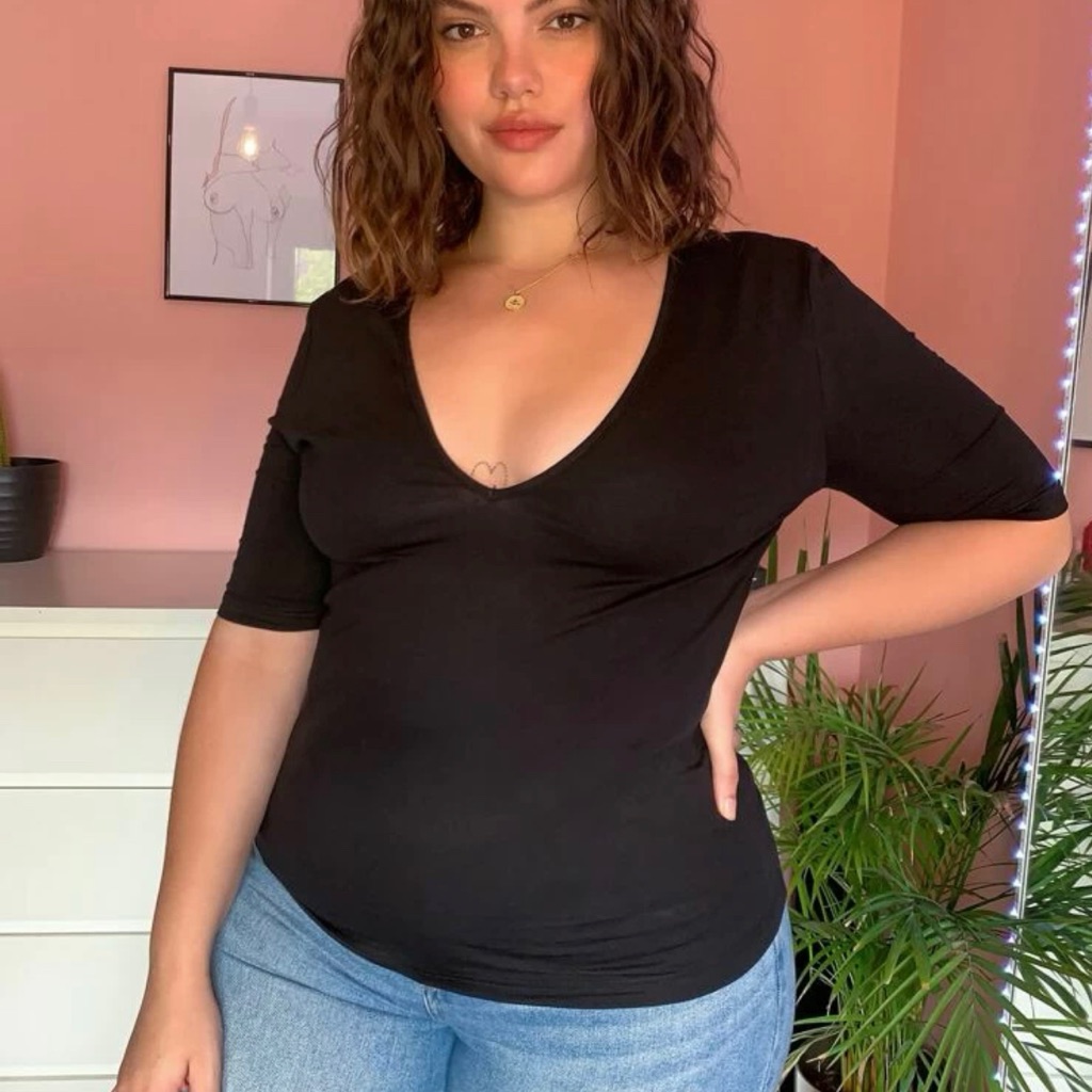 V Neck Solid Black Top